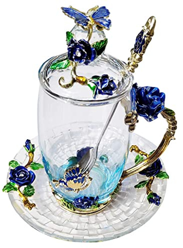 LANTREE Glass Coffee Mug Tea Cup with Spoon Lid Saucer Housewarming Mother's Valentine's Day Gift(350ml Blue)