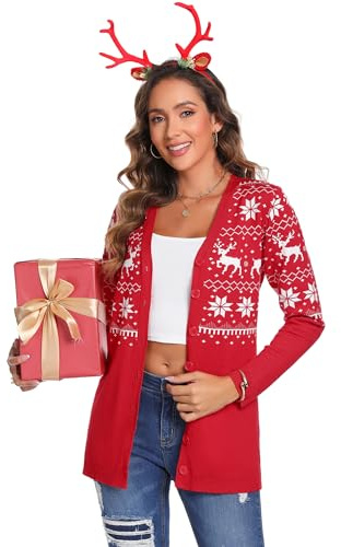 iClosam Cardigan da Donna Natalizio Maglione Natalizio Donna a Maniche Lunghe Cardigan Donna Invernale con Bottoni Cardigan di Natale con Motivo Renne S-XXL