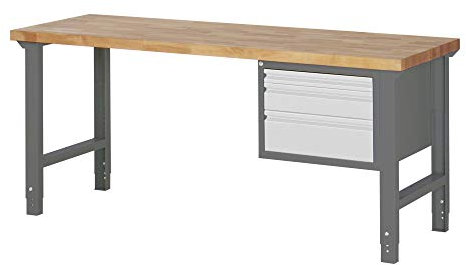 STIER Höhenverstellbare Werkbank Premium, 3 Schubladen, 200x70x79-114cm, aus pulverbeschichtetem Stahl und Buche, perfekt für anpassungsfähige Arbeitsumgebungen