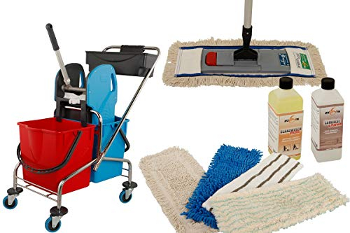 Axis Line Carro de Limpieza Profesional 2x17L con Cubos y Prensa + Juego Mopa Pro-Master y Limpiadores