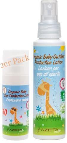Protection Solaire pour Bébés et Enfants - AZETA bio Crème Solaire | Protection Solaire Bio Bambin Fille Garçon (Solaire 50ml + Anti-Moustique 100ml)