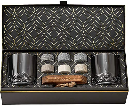 Set Whisky con Pietre Whisky Refrigeranti - 6 Cubetti per Whisky in Granito Artigianali - 2 Bicchieri Whisky in Cristallo - Vassoio in Legno Duro - Elegante Confezione Regalo Laminata d'Oro R.O.C.K.S