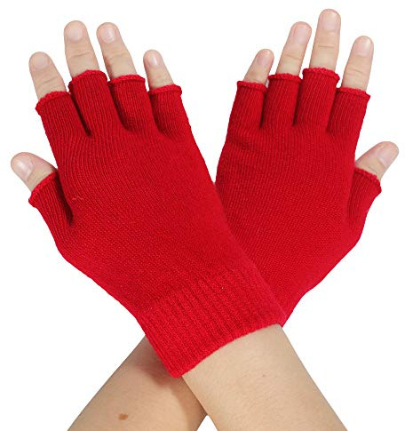 ZLYC Guanti senza dita invernali da donna Guanti in lana a maglia mezza dita, Rosso tinta unita.