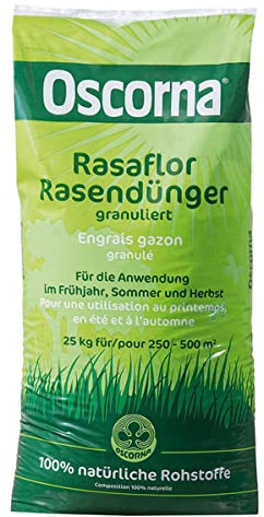 Oscorna® Rasaflor Rasendünger granuliert 25 kg - Ein biologischer Langzeitdünger. Sorgt für einen dichten, sattgrünen Rasen, verdrängt Unkraut und Moos.