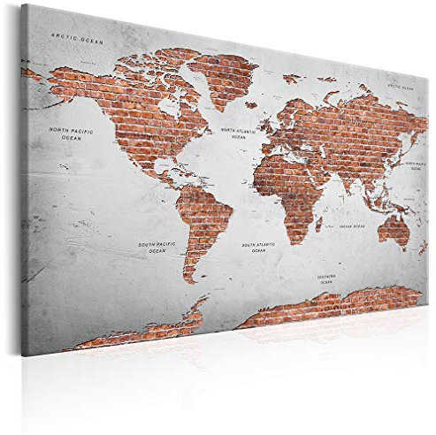 decomonkey Akustikbild Weltkarte 120x80 cm 1 Teilig Leinwand Modern Bilder Wandbilder XXL Schallschlucker Schallschutz Akustikdämmung Wandbild Deko Leise Ziegel Stein Welt Karte Landkarte Kontinente