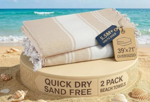 LANE LINEN Oversized Beach Towels, 2 Pack Turkish Towel Set for Adults, Lightweight, Quick Dry, Absorbent & Sand Proof, 39x71 Pool Towels – Beige