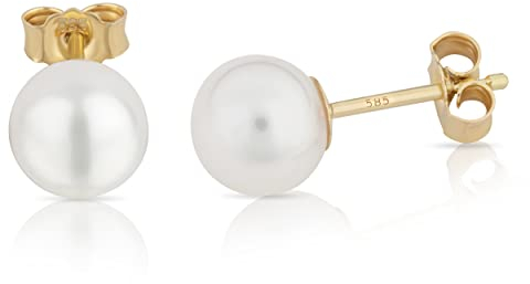 NKlaus Paar 7mm echte Süßwasserperle Ohrstecker 585 Gelb Gold 14 Karat Zuchtperlen Perlenohrringe Handverlesen 13206