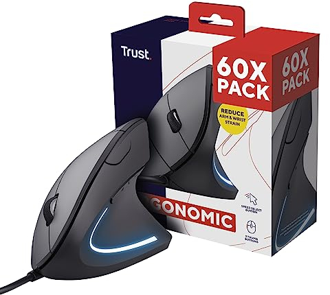 Trust Verto 60 Pack - 60x Wired Ergonomic Mouse, Vertical Mouse with LED Illumination, 1000-1600 DPI, 6 Buttons, for Right Hand Users, Computer Mouse for PC and Laptop - Black