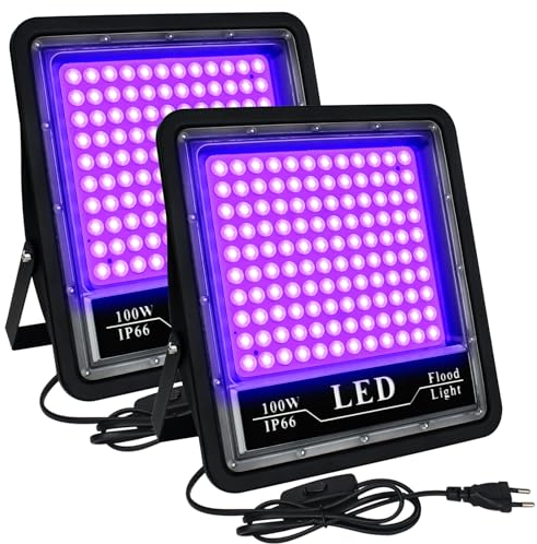 Eleganted 2pcs 100W UV Schwarzlicht Strahler, 395-405nmLED Schwarzlichtlampe,IP66 Wasserdicht UV Flutlicht für Black light Party,GLOW,Fluoreszierende Malerei,Körperbemalung,Halloween