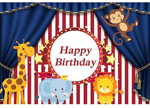 Ttincceer 220x150cm Felice Compleanno Animale Fotografia Sfondo Felice Circo Blu Tenda Sfondo Cartone Animato Leone Elefante Cervo Fotografia Sfondo Foto Studio Booth Prop