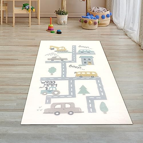 Teppich-Traum Kinderteppich Hochflor Autos Bagger Straßen Creme 80x150 cm | Weicher, flauschiger Kinderzimmer Teppich, pflegeleicht, strapazierfähig, schadstofffrei, OEKO-TEX geprüft, 18 mm Flor
