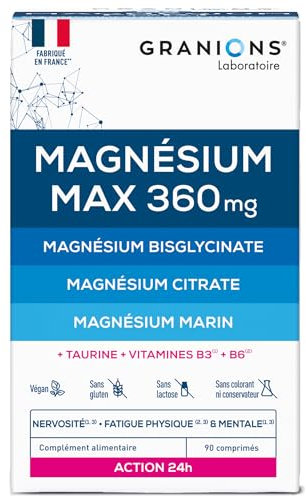GRANIONS MAGNESIUM MAX 360 - Magnesium Bisglycinate, Magnesium Marin, Citrate de Magnesium - Complement Alimentaire Anti Stress - Vitamine B6, Fatigue Stress - Action 24H - 90 comprimés - 1 MOIS