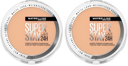 Maybelline New York 2-in-1 Puder Make-Up, Wasserfest und mattierend mit hoher Deckkraft, Super Stay Hybrid Powder Foundation, Nr. 21, 1 Stück (Packung mit 2)