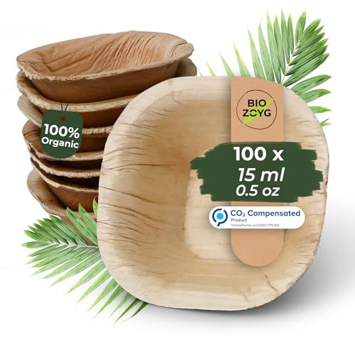 BIOZOYG Dipschalen 100 Stück 15 ml quadratisch - Palmblatt mini Schälchen Fingerfood Schalen Einweg - Alternative zu Holz, kleine Schälchen für Dips und Dressings