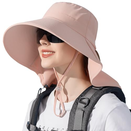 WANYI Sonnenhut Damen mit Nackenschutz Breite Krempe Sommer Sonnenschutz Hut Outdoor Wanderhut UV Schutz Fischerhut mit Pferdeschwanz-Loch für Angler, Garten, Sandstrand 55-60CM（Rosa）