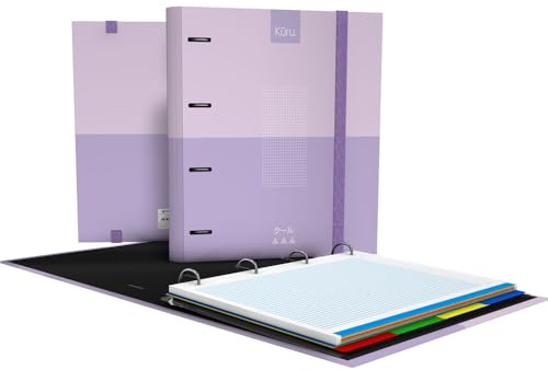 Grafoplás Ordner mit 4 Ringen | A4 | Kuru | Lavendel | inklusive Ersatz-Raster 5 x 5 Farbrand | Papier 90 g | Trennblätter | ergonomischer gebogener Rücken | Ordner | perfektes Schulmaterial