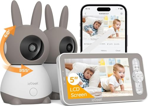 ieGeek 2K WiFi Baby Monitor with Two Cameras, Phone App & 5 Split-Screen Control, Smart Video Camera, Night Vision, Automatic Tracking, PTZ, Crying Detection, Temperature/Humidity Sensor, Baby Gift