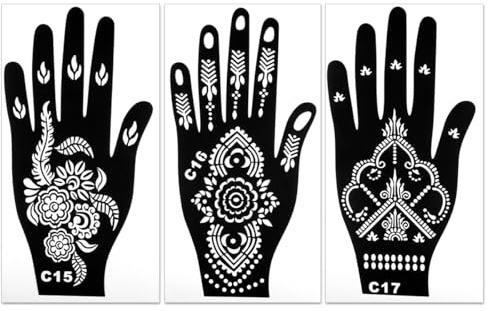 Thyonta 3PCS Hand Tattoo Stencil Indo-Nepalese Black Openwork Henna Tattoo for Airbrush Coloring Art Three-Dimensional Paper Sculpture (E)