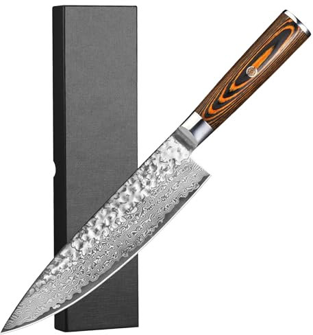 Plys Coltello da cucina damascato, coltello da chef, coltello professionale da 20 cm in vero acciaio damascato a 67 strati con manico in legno