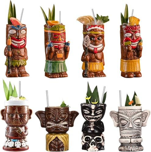 Vinbcorw Tiki-Becher-Set,4 /8Stück Tiki-Gläser für Cocktails tropischen Keramikbechern Hawaii Tiki Party Kreative Cocktail Glas Bar Drinkware Premium Tropical Exotic Barware,C