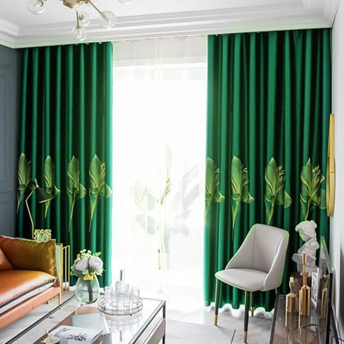 Whoiy Verdunkelung Vorhang für Schlafzimmer 147 cm Höhe, 2er Set Gardine Vorhänge 3D Stickerei Einfarbig mit Ösen Grün Fenstergardinen Moderne Wohnzimmer, 147x107 cm
