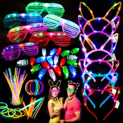 LED Luminosi Fluorescenti Giocattoli Set, 82 Pezzi Fluo Party Kit con 50 Braccialetti Luminosi Fluorescenti, 6 Occhiali LED, 20 Luci da Dito, 6 Fasce Per Capelli, per Carnevale, Feste,Compleanni