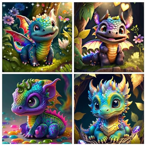 Rongxze 4 Stück Diamond Painting Drachen Erwachsene, DIY Diamond Painting Bilder, 5D Drache Diamant Painting Set für Kinder und Erwachsene Anfänger Geschenk Zuhause Wanddekoration 30x30cm