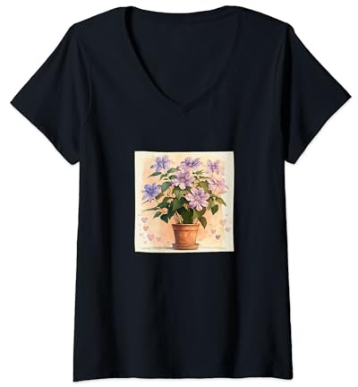 Womens Clematis Plant In Pot Cottagecore Hearts Graphic V-Neck T-Shirt