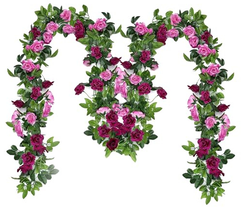 5Pcs Artificial Flower Garland Decoration, Wedding Arch Flowers, Purple and Red Two-Tone Flowers Vines Hanging Lvy Garland for Outdoor Indoor Wall Bedroom (2.3m/7.5ft)