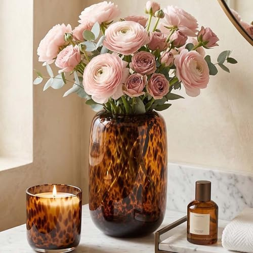 PlivBloom Bernsteinfarbene Vase, braune Glasvase, runde transparente Glasvase, dekorative Flaschen für Heimdekoration, Bauernhaus-Tischdekoration, große Glasvase für Wohnzimmer, Küche