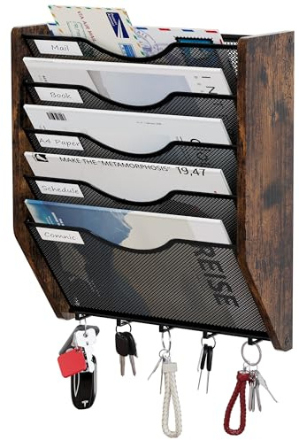 Senhoglb Metall Hanging File Organizer, 5-Tier File Folder Holder Wall Mounted Magazine Rack With Hooks Wood Document Storage Mail Organizer for Office Home, Antique Brown