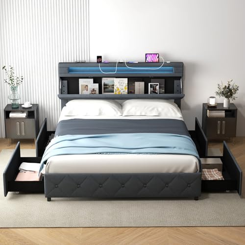 COSTWAY 4FT6 Double/5FT King Size Bed Frame with RGB LED Lights, Charging Station, Adjustable Storage Headboard and 4 Underbed Drawers, Upholstered Slat Support Platform Bed Base (Grey, 5FT King)