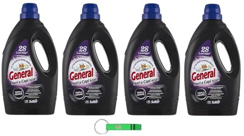 4x General Lavatrice für Schwarze und Dunkle Kleidungsstücke- Flüssigwaschmittel für die Waschmaschine - Waschmittel 28 Wäschen 1400ml + Beni Culinari Kostenloser Schlüsselanhänger