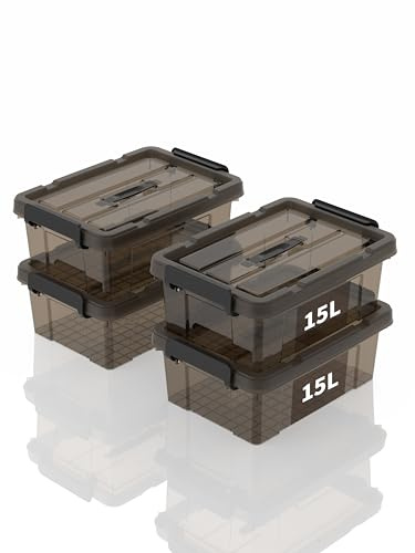 SpaceXpert Cajas de Almacenamiento de Plástico con Tapa y Asa 15L, Contenedor Apilable Resistente para Hogar, Oficina y Garaje, Fácil Transporte, Transparente Marrón Polipropileno, 15L (Paquete de 4)