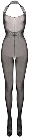 NewBull Women’s Sexy Fishnet Bodystockings Mesh Sheer Bodysuit Lingerie with Stockings One Piece Backless Suspender Full Body Stockings Lace Halter Naughty Tights All in One Underwear