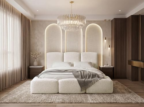 WFL GROUP Polsterbett 120x200 mit Bettkasten & Metall-Lattenrost – Stauraumbett mit hohem Kopfteil in Weiß Boucle – Modernes Doppelbett mit Stauraum, Bettgestell, ohne Matratze – Harmony