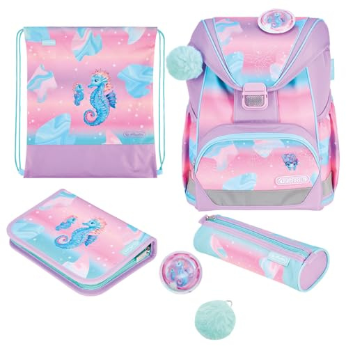 herlitz Schulranzen Set 6-teilig Ultralight Ocean Lights 1. Klasse | Rosa Türkis, 16l, Ergonomisch, Ultraleichte Schultasche, Seepferdchen