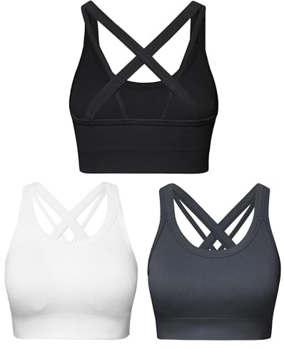 Nikuja Sports Bras for Women,Strappy Running Sports Bras for Women High Support with Removable Pads(0001_Black+White+Grey_XL)