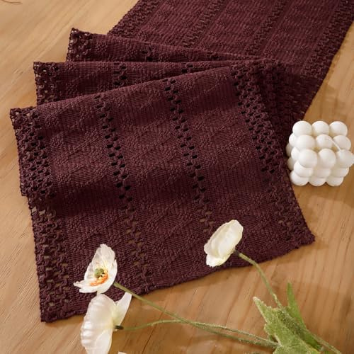 Tischläufer Weinrot Boho Makramee Baumwolle Leinen 30 X 140 Häkelspitze Mesh Tischband Bauernhaus Klein Landhausstil Läufer Tisch Modern Böhmische Dekoration für Küche Hochzeit Party Deko