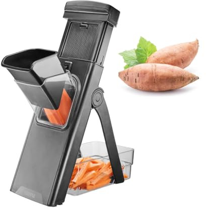 GEFU All-in-One Gemüsehobel - Manueller Stand-Gemüseschneider aus Edelstahl | Multifunktionaler Obst- und Gemüsehobel für Scheiben, Stifte und Pommes mit Auffangbehälter sowie Saugfuß