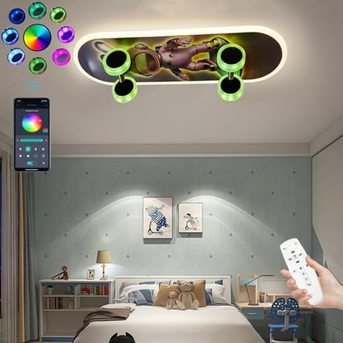 WJLL LED Skateboard Deckenleuchte Moderne Kinderzimmer Deckenlampe 32W Dimmbar mit Fernbedienung Pendelleuchte RGB-Farbwechsel-Funktion Jungen Mädchen Zimmer Schlafzimmer Beleuchtung Decke Lampe B