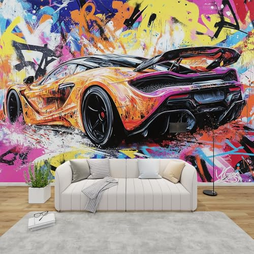 QEODAH Fototapete Rennwagen Schlafzimmer, 3D Tapete Jungen Coole Sportwagen, Vliestapete Bunte, Tapeten Wohnzimmer, Bunte Graffiti Wand Deko Kinderzimmer, Wandtapete, Mustertapete Vlies 416x254 cm