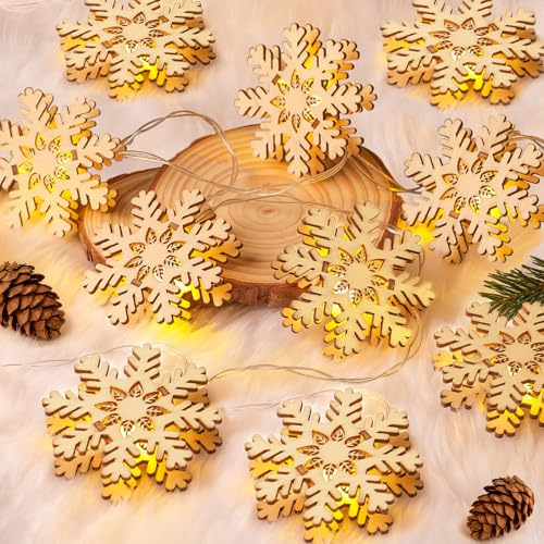 UQYMY LED Lichterkette Holz,Weihnachtsbeleuchtung Innen mit Batterie,1,5M Weihnachtslichterkette Weihnachtsdeko,Sternenlichterkette Weihnachten Sterne für Weihnachtsbaum Fenster Balkon(Schneeflocken)