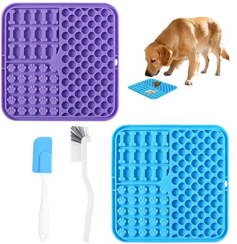 2 Stück Schleckmatte Hund, mit Silikonspatel und Reinigungsbürste, Licky Mats, Slow Feeder, langsames Füttern, Lecken für Angstzustände, für Baden, Training & Fellpflege (Blau, Lila)