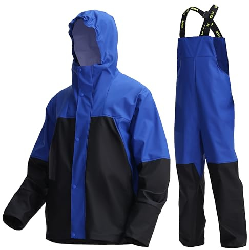 PRO Regnställ Herr PU Vattentät - Vattentät regnjacka & hängselbyxa – slitstarkt regnset för bygg, fiske & outdoor(Royal Blue,L)