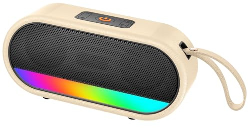 Dyurwa Bluetooth Lautsprecher, Tragbarer Bluetooth 5.3 Musikbox mit Licht, Dualen Bass-Treibern, 10 Akku, IPX6 Wasserdicht, Freisprechen, TWS Paarung, Geeignet für Outdoor, Reisen, Strand, Beige