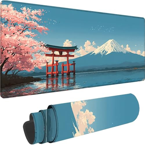 Tapis de Souris Bleu, Grand Tapis de Souris XXL 800 x 400 x 4 mm Mont Fuji sous Main Bureau, Mouse Pad pour Clavier et Bureau, avec Bords Surpiqués et Dos Antidérapant pour Gamer Maison, Cadea w-8381