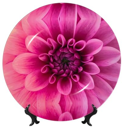 POEZJZW Pink Dahlia Pattern Bone China Decorative Plate Dinner Plates Crafts Perfect Decoration for Home Office and Coffee Shop 7in