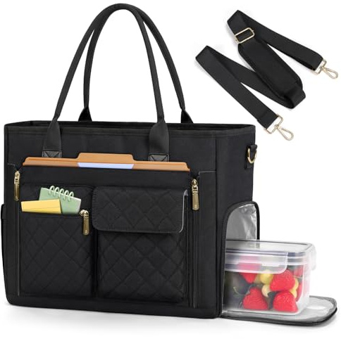 RAINSMORE Bolso Maestra Portátil 15,6 Pulgadas Mujer con Compartimento Térmico Nevera Bolso Universidad Mujer Bolso Trabajo Grande para Oficina Compras Negro