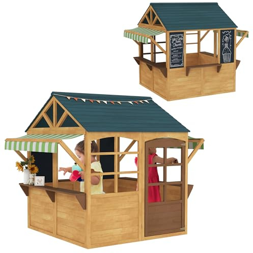 AIYAPLAY Casita Infantil Exterior de Madera Plegable Casa Jardín Infantil con 2 Pizarras Ventanas y Toldo Casita de Juegos para Niños a Partir de 3 Años Natural
